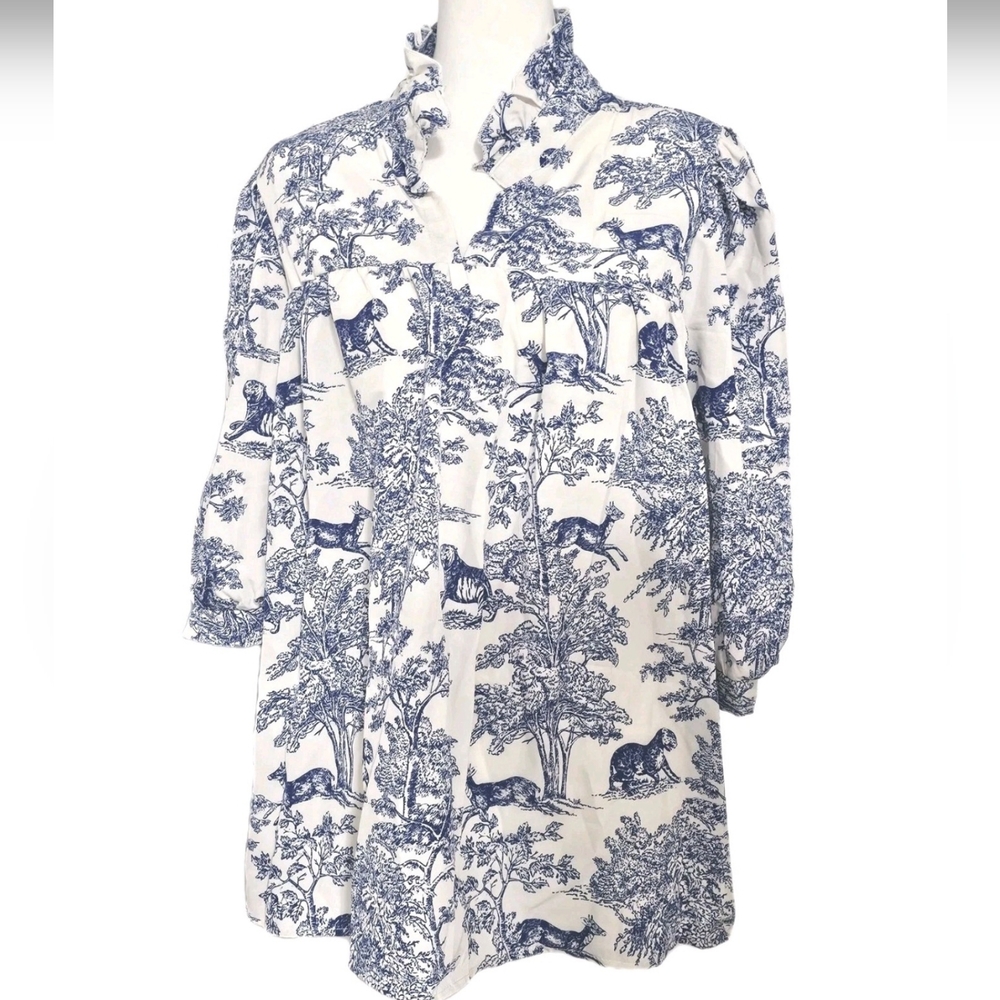 Toile Print Top Blue White Animal Scenic Blouse XXL